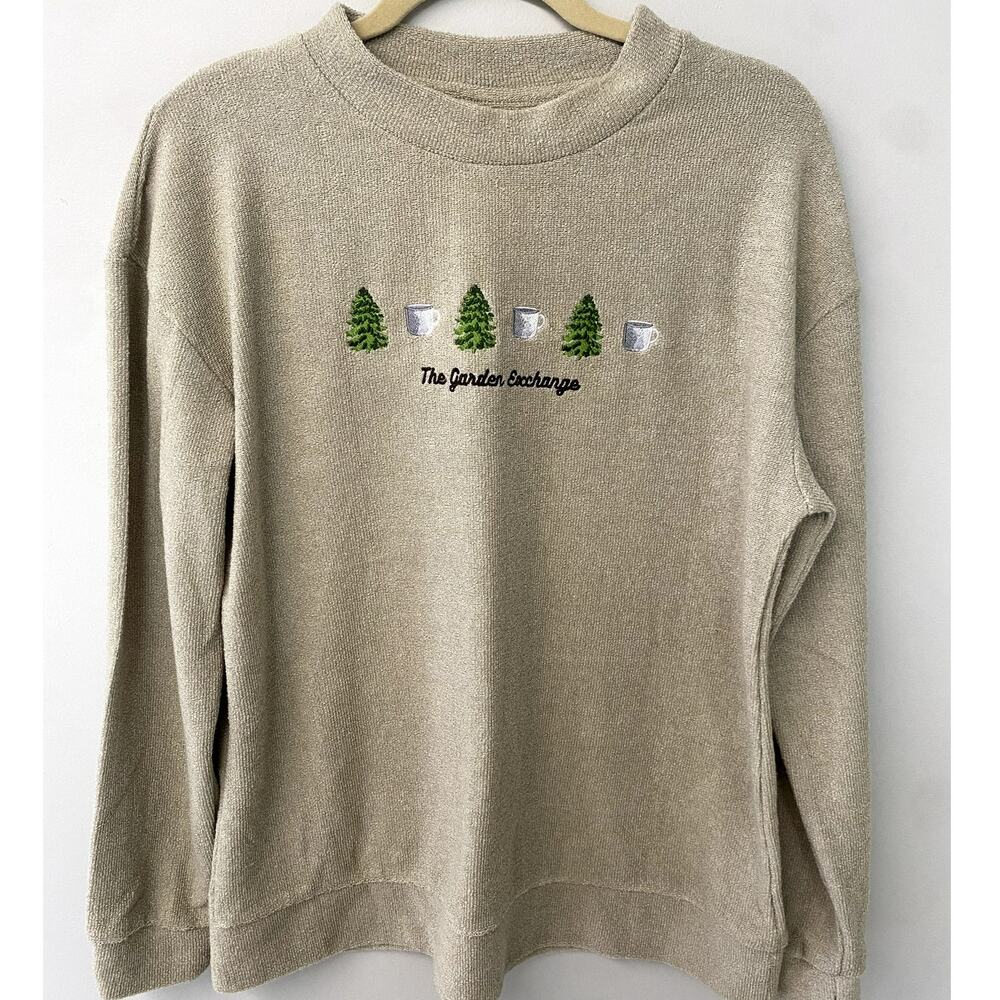 J America Terry Cloth Embroidered "The Garden Exchange" Crewneck Sweater L